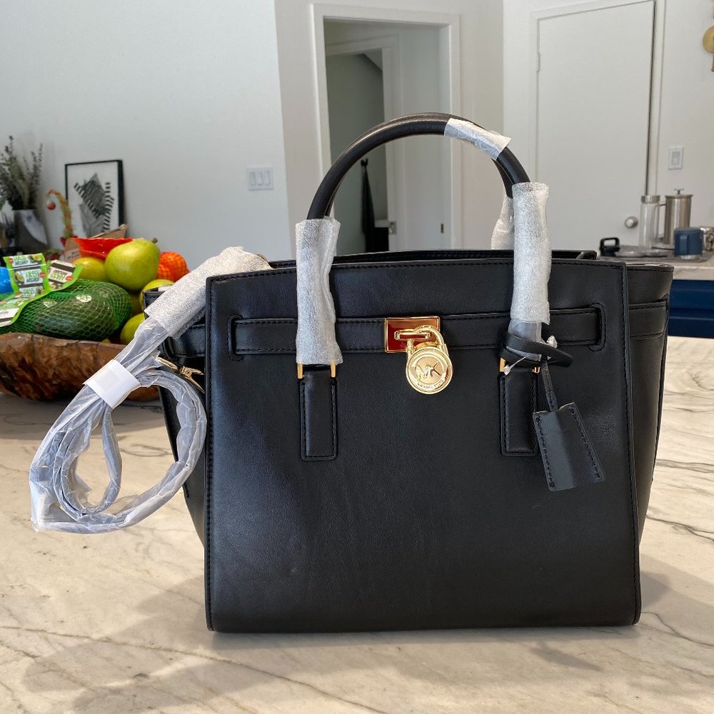 NWT Michael Kors Large Black Leather Hamilton Traveler Tote Handbag